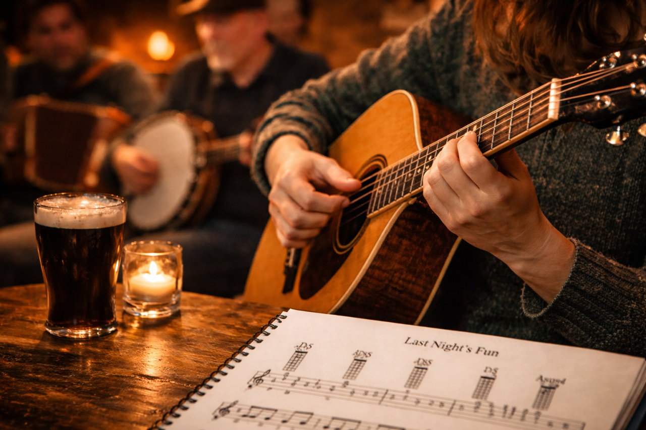 Close-up of Irish bouzouki player practising in a warm pub session with sheet music for Last Night’s Fun and musicians in the background